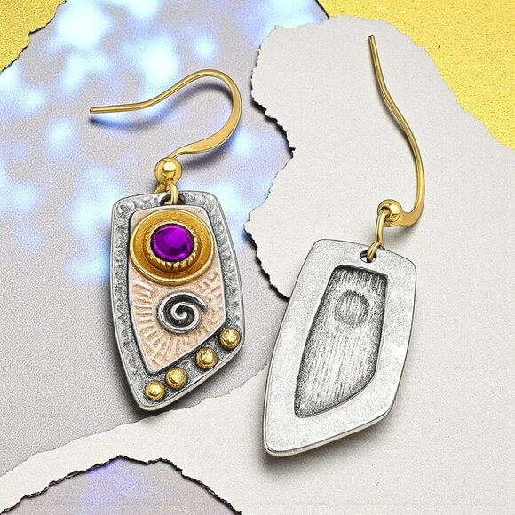 Bohemian Glam - Purple Gem & Spirals Dangle Trendy Fashion Earrings 🌈🌟 - Picture 7 of 11